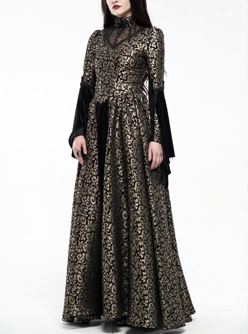 Jacquard Fur Collar Front Collar Lace Ribbon Long Sleeves Back Waist Lace-Up Black And Gold Gothic Long Dress