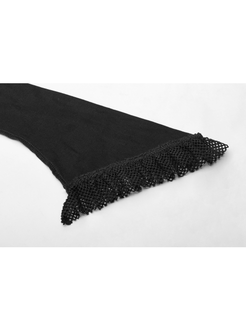 High Collar Shoulder Splice Mesh Front Chest Hollow-Out Lace Embroidery Slit Long Sleeve Lace Cuff Black Gothic  Tight Long Dress
