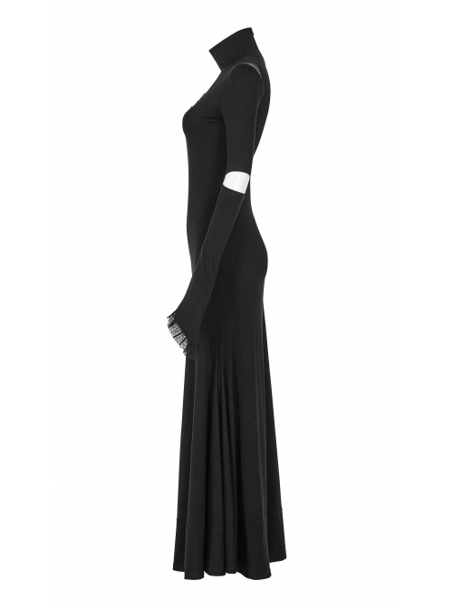 High Collar Shoulder Splice Mesh Front Chest Hollow-Out Lace Embroidery Slit Long Sleeve Lace Cuff Black Gothic  Tight Long Dress