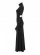 High Collar Shoulder Splice Mesh Front Chest Hollow-Out Lace Embroidery Slit Long Sleeve Lace Cuff Black Gothic  Tight Long Dress