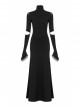 High Collar Shoulder Splice Mesh Front Chest Hollow-Out Lace Embroidery Slit Long Sleeve Lace Cuff Black Gothic  Tight Long Dress