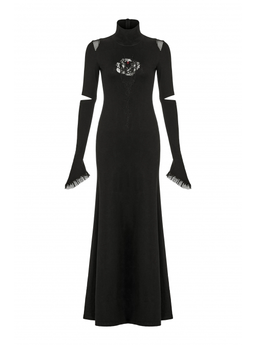 High Collar Shoulder Splice Mesh Front Chest Hollow-Out Lace Embroidery Slit Long Sleeve Lace Cuff Black Gothic  Tight Long Dress