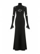 High Collar Shoulder Splice Mesh Front Chest Hollow-Out Lace Embroidery Slit Long Sleeve Lace Cuff Black Gothic  Tight Long Dress