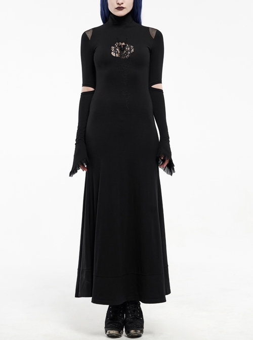 High Collar Shoulder Splice Mesh Front Chest Hollow-Out Lace Embroidery Slit Long Sleeve Lace Cuff Black Gothic  Tight Long Dress