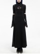 High Collar Shoulder Splice Mesh Front Chest Hollow-Out Lace Embroidery Slit Long Sleeve Lace Cuff Black Gothic  Tight Long Dress