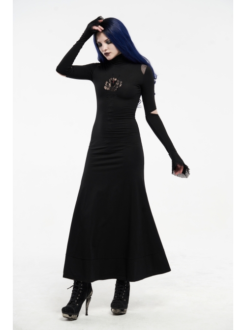 High Collar Shoulder Splice Mesh Front Chest Hollow-Out Lace Embroidery Slit Long Sleeve Lace Cuff Black Gothic  Tight Long Dress