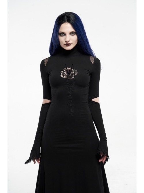 High Collar Shoulder Splice Mesh Front Chest Hollow-Out Lace Embroidery Slit Long Sleeve Lace Cuff Black Gothic  Tight Long Dress