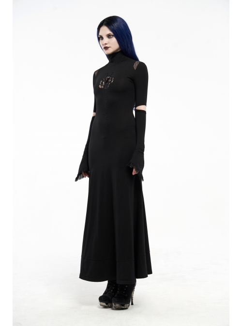 High Collar Shoulder Splice Mesh Front Chest Hollow-Out Lace Embroidery Slit Long Sleeve Lace Cuff Black Gothic  Tight Long Dress