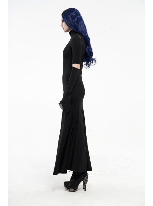 High Collar Shoulder Splice Mesh Front Chest Hollow-Out Lace Embroidery Slit Long Sleeve Lace Cuff Black Gothic  Tight Long Dress