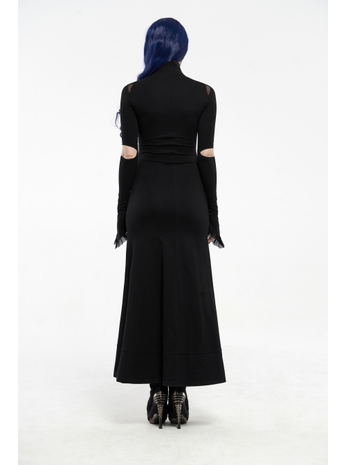 High Collar Shoulder Splice Mesh Front Chest Hollow-Out Lace Embroidery Slit Long Sleeve Lace Cuff Black Gothic  Tight Long Dress