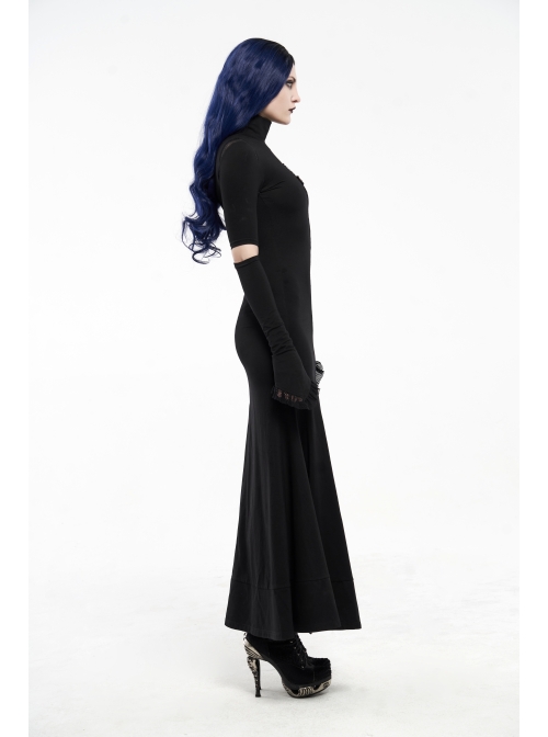 High Collar Shoulder Splice Mesh Front Chest Hollow-Out Lace Embroidery Slit Long Sleeve Lace Cuff Black Gothic  Tight Long Dress