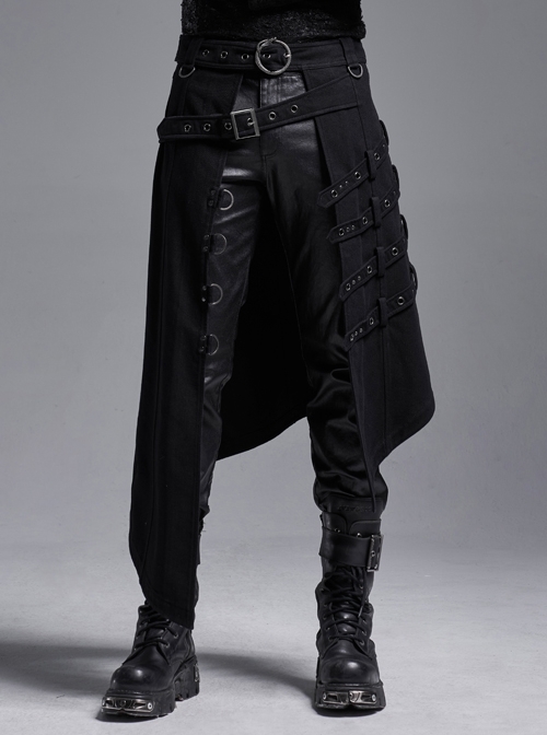 Black Twill Metal Buckle Belt Metal Rings Hasp Back Pocket Asymmetric Hem Black Punk Kilt