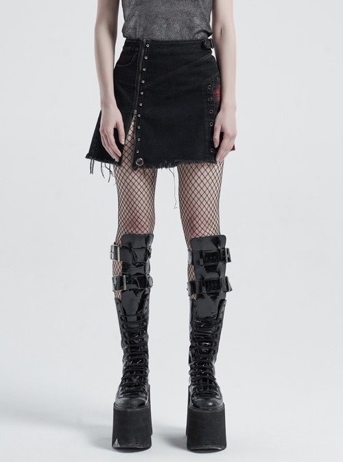 Front Zipper Rivets Decoration Side Splice Classic Red Plaid Rough Selvage Hem Black Punk Twill Short Skirt