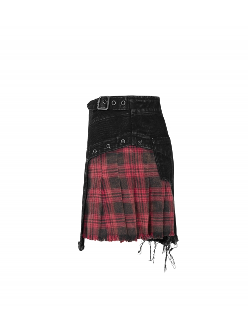 Front Zipper Rivets Decoration Side Splice Classic Red Plaid Rough Selvage Hem Black Punk Twill Short Skirt