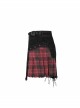 Front Zipper Rivets Decoration Side Splice Classic Red Plaid Rough Selvage Hem Black Punk Twill Short Skirt