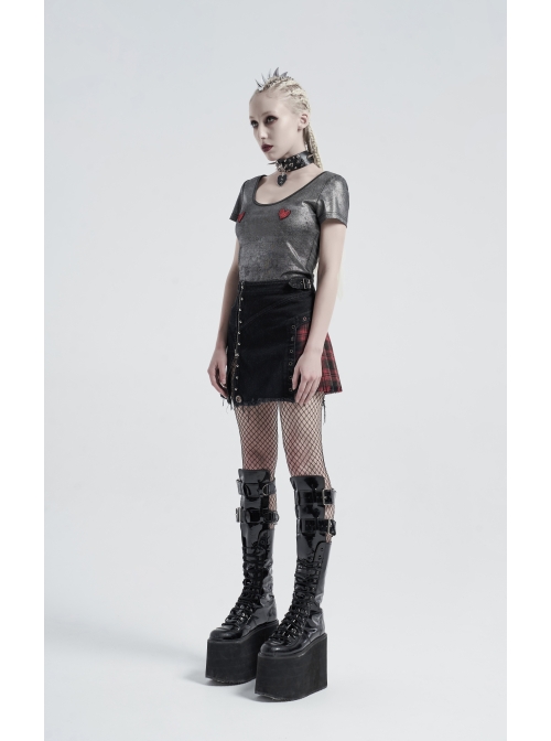 Front Zipper Rivets Decoration Side Splice Classic Red Plaid Rough Selvage Hem Black Punk Twill Short Skirt