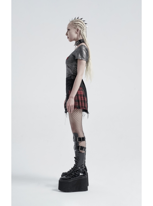 Front Zipper Rivets Decoration Side Splice Classic Red Plaid Rough Selvage Hem Black Punk Twill Short Skirt