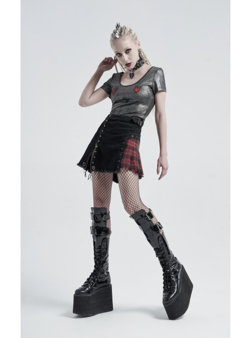 Front Zipper Rivets Decoration Side Splice Classic Red Plaid Rough Selvage Hem Black Punk Twill Short Skirt