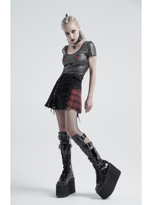 Front Zipper Rivets Decoration Side Splice Classic Red Plaid Rough Selvage Hem Black Punk Twill Short Skirt