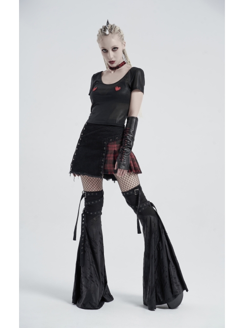 Front Zipper Rivets Decoration Side Splice Classic Red Plaid Rough Selvage Hem Black Punk Twill Short Skirt