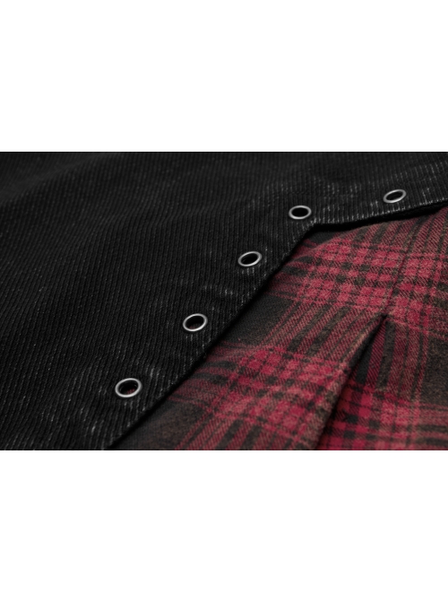 Front Zipper Rivets Decoration Side Splice Classic Red Plaid Rough Selvage Hem Black Punk Twill Short Skirt