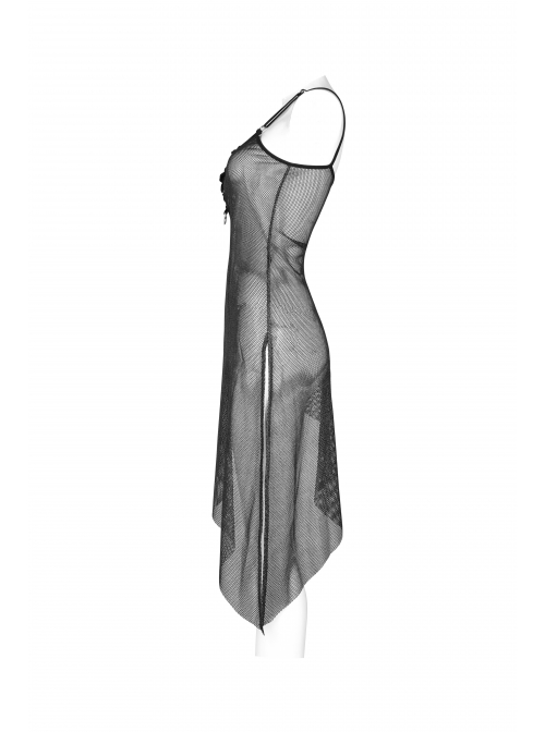 V-Neck Metal Eyelets Lace-Up Open Fork Tilt Hem Silver Punk Press Glue Mesh Sling Dress
