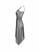 V-Neck Metal Eyelets Lace-Up Open Fork Tilt Hem Silver Punk Press Glue Mesh Sling Dress