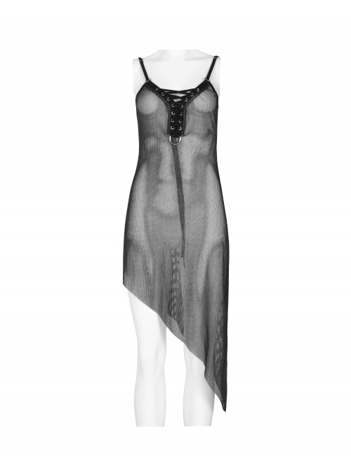 V-Neck Metal Eyelets Lace-Up Open Fork Tilt Hem Silver Punk Press Glue Mesh Sling Dress