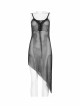 V-Neck Metal Eyelets Lace-Up Open Fork Tilt Hem Silver Punk Press Glue Mesh Sling Dress