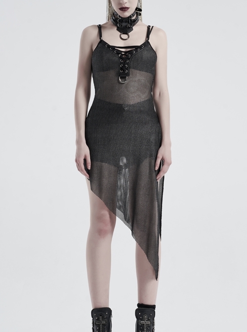 V-Neck Metal Eyelets Lace-Up Open Fork Tilt Hem Silver Punk Press Glue Mesh Sling Dress