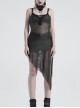 V-Neck Metal Eyelets Lace-Up Open Fork Tilt Hem Silver Punk Press Glue Mesh Sling Dress
