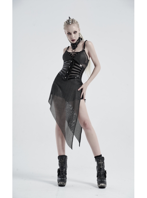 V-Neck Metal Eyelets Lace-Up Open Fork Tilt Hem Silver Punk Press Glue Mesh Sling Dress