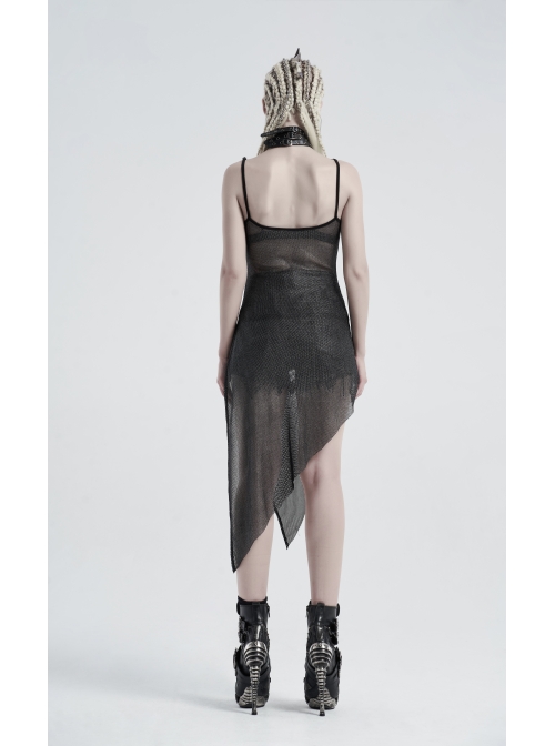 V-Neck Metal Eyelets Lace-Up Open Fork Tilt Hem Silver Punk Press Glue Mesh Sling Dress