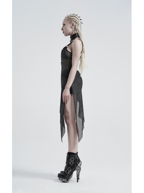 V-Neck Metal Eyelets Lace-Up Open Fork Tilt Hem Silver Punk Press Glue Mesh Sling Dress