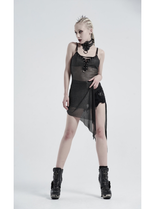V-Neck Metal Eyelets Lace-Up Open Fork Tilt Hem Silver Punk Press Glue Mesh Sling Dress