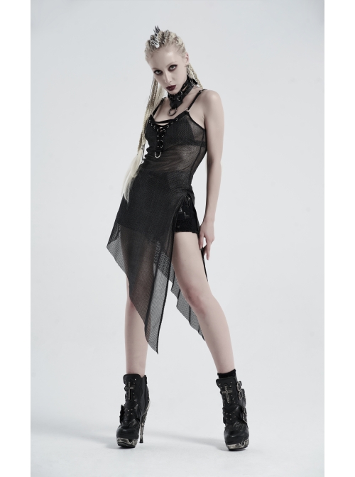 V-Neck Metal Eyelets Lace-Up Open Fork Tilt Hem Silver Punk Press Glue Mesh Sling Dress