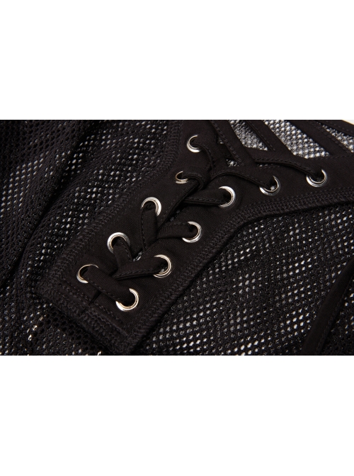 V-Neck Metal Eyelets Lace-Up Open Fork Tilt Hem Silver Punk Press Glue Mesh Sling Dress