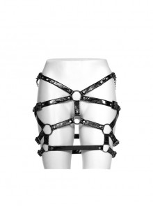 Metal Rings Glossy Patent Leather Straps Back Waist Chains Black Punk Hollow-Out Skirt