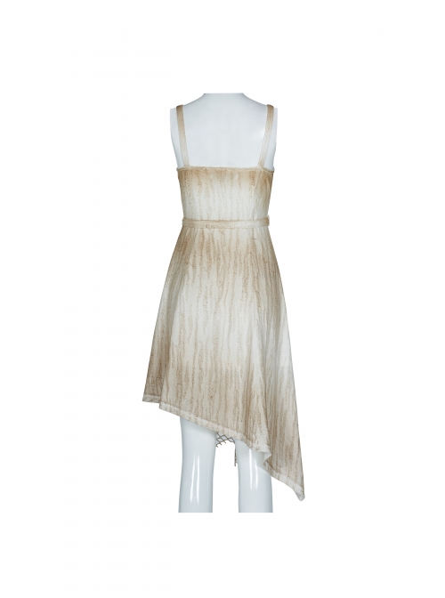 Hasp Straps Metal Eyelets Bandage Woolen Knitted Splice Mesh Gradient Spray Painting Irregular Hem White Punk Sling Dress