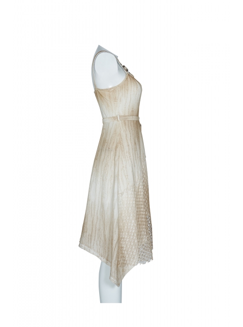 Hasp Straps Metal Eyelets Bandage Woolen Knitted Splice Mesh Gradient Spray Painting Irregular Hem White Punk Sling Dress