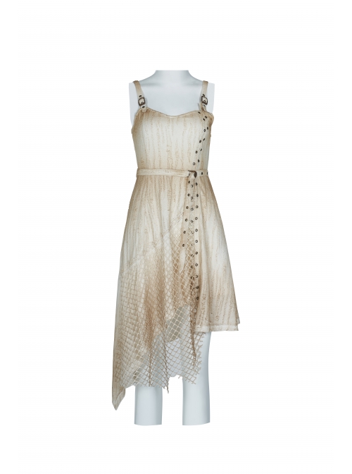 Hasp Straps Metal Eyelets Bandage Woolen Knitted Splice Mesh Gradient Spray Painting Irregular Hem White Punk Sling Dress