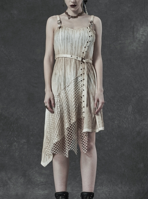 Hasp Straps Metal Eyelets Bandage Woolen Knitted Splice Mesh Gradient Spray Painting Irregular Hem White Punk Sling Dress