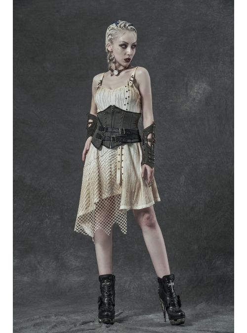 Hasp Straps Metal Eyelets Bandage Woolen Knitted Splice Mesh Gradient Spray Painting Irregular Hem White Punk Sling Dress