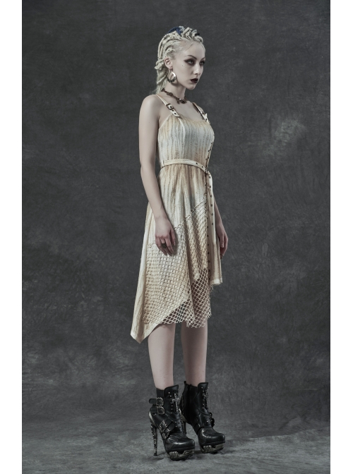 Hasp Straps Metal Eyelets Bandage Woolen Knitted Splice Mesh Gradient Spray Painting Irregular Hem White Punk Sling Dress