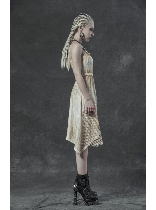 Hasp Straps Metal Eyelets Bandage Woolen Knitted Splice Mesh Gradient Spray Painting Irregular Hem White Punk Sling Dress