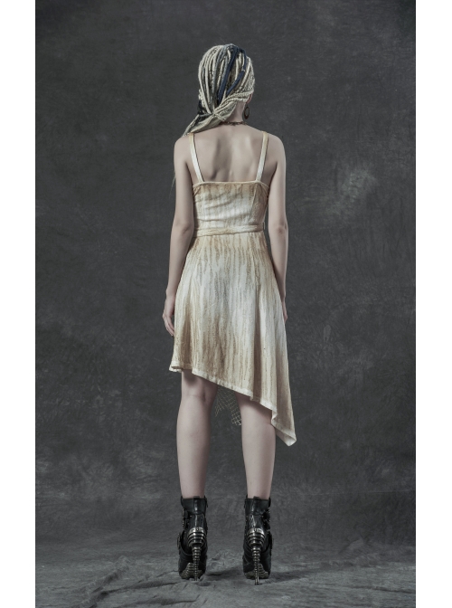 Hasp Straps Metal Eyelets Bandage Woolen Knitted Splice Mesh Gradient Spray Painting Irregular Hem White Punk Sling Dress