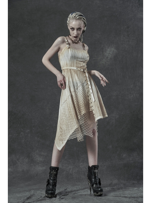 Hasp Straps Metal Eyelets Bandage Woolen Knitted Splice Mesh Gradient Spray Painting Irregular Hem White Punk Sling Dress