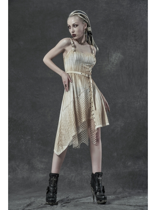 Hasp Straps Metal Eyelets Bandage Woolen Knitted Splice Mesh Gradient Spray Painting Irregular Hem White Punk Sling Dress