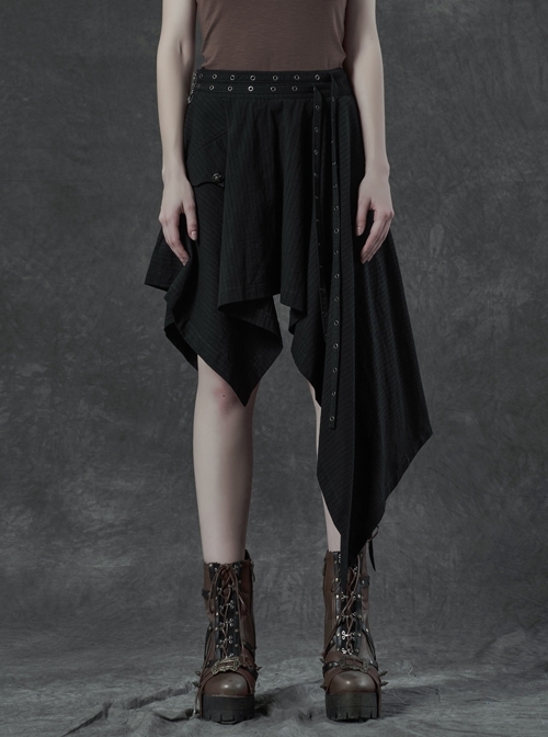 Metal Eyelets Strap Ghost Head Nail Asymmetric Hem Black Punk Striped Jacquard Skirt