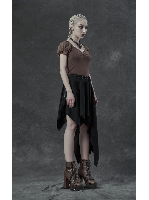 Metal Eyelets Strap Ghost Head Nail Asymmetric Hem Black Punk Striped Jacquard Skirt